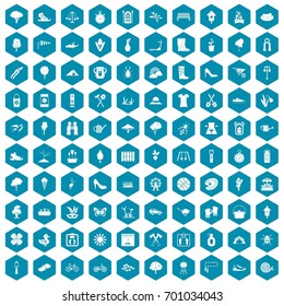 100 spring icons set in sapphirine hexagon isolated vector illustration