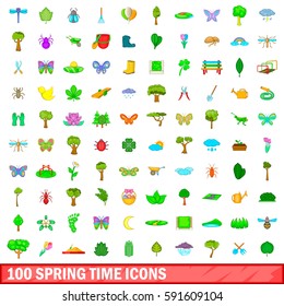 100 spring time icons set in cartoon style for any design vector illustration