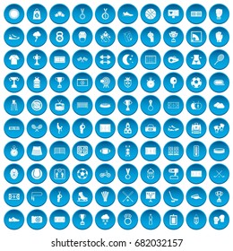 100 stadium icons set in blue circle isolated on white vector illustration