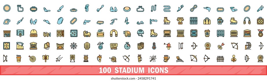 100 stadium icons set. Color line set of stadium vector icons thin line color flat on white