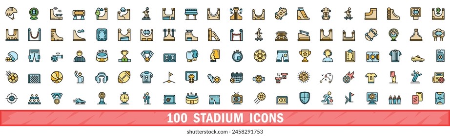 100 stadium icons set. Color line set of stadium vector icons thin line color flat on white