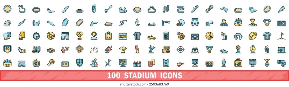 100 stadium icons set. Color line set of stadium vector icons thin line color flat on white