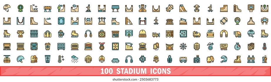 100 stadium icons set. Color line set of stadium vector icons thin line color flat on white