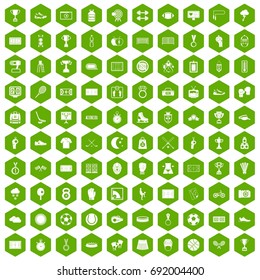 100 stadium icons set in green hexagon isolated vector illustration