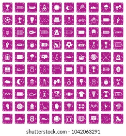 100 stadium icons set in grunge style pink color isolated on white background vector illustration