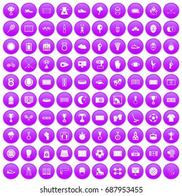 100 stadium icons set in purple circle isolated on white vector illustration