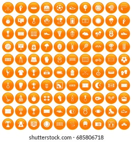 100 stadium, sports and health icons set in orange circle isolated on white vector illustration