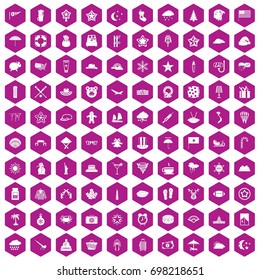 100 star icons set in violet hexagon isolated vector illustration