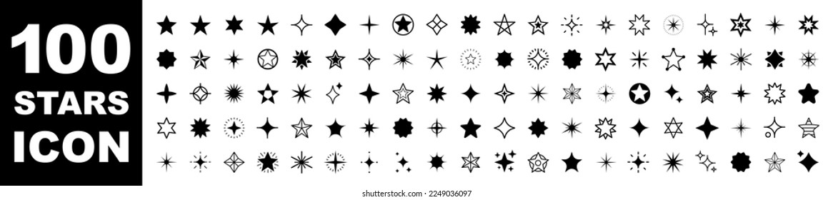 100 stars icon. Stars collection. Star icon. Stars in modern simple flat style. Set of different black star icons. Vector illustration