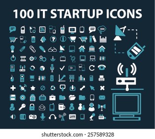 100 start business, growth, technology, computer, connection, Communication, internet aislado iconos, signos, siluetas, ilustraciones, set, vector