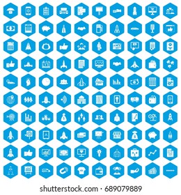 100 startup icons set in blue hexagon isolated vector illustration