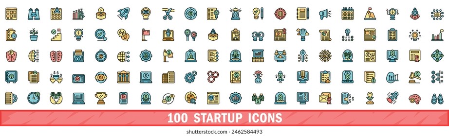 100 startup icons set. Color line set of startup vector icons thin line color flat on white