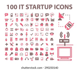 100 startup, internet technology, computer, administration isolated icons, signs, illustrations for web, mobile application, vector