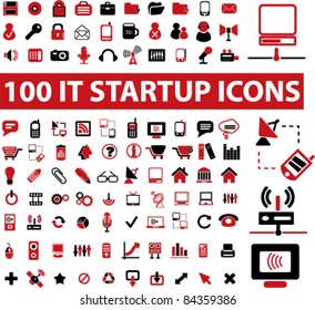 100 it startup & technology icons, signs, vector illustrations set