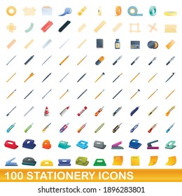 100 stationery icons set. Cartoon illustration of 100 stationery icons vector set isolated on white background