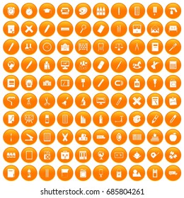 100 stationery icons set in orange circle isolated on white vector illustration
