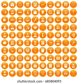 100 statistic data icons set in orange circle isolated on white vector illustration