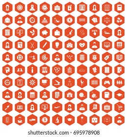 100 statistic data icons set in orange hexagon isolated vector illustration