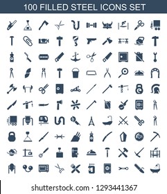 100 steel icons. Trendy steel icons white background. Included filled icons such as shower, chain saw, wrench, Safe, vice clamp, fork and knife. steel icon for web and mobile.