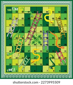 100 steps snakes and ladders board game with green background ready to print