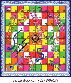 100 steps snakes and ladders board game with blue background ready to print