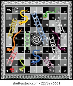100 steps snakes and ladders board game with black background ready to print
