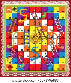 100 steps snakes and ladders board game with dark red background is ready to print