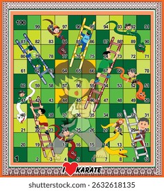 100 Steps Snakes and Ladders Board Game with Sports Theme: I Love Karate.
Editable and ready to print.