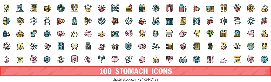 100 stomach icons set. Color line set of stomach vector icons thin line color flat on white