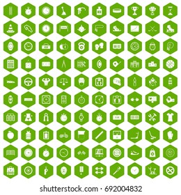100 stopwatch icons set in green hexagon isolated vector illustration