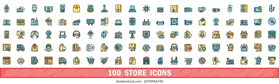 100 store icons set. Color line set of store vector icons thin line color flat on white