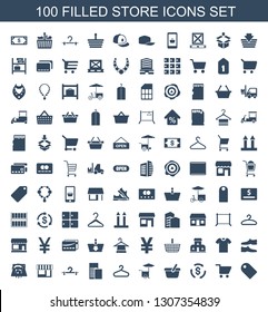 100 store icons. Trendy store icons white background. Included filled icons such as tag, shopping cart, Money, shopping bag, fast food cart, hanger. store icon for web and mobile.