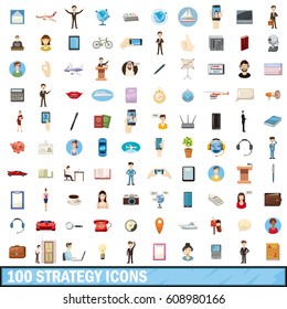 100 strategy icons set in cartoon style for any design vector illustration