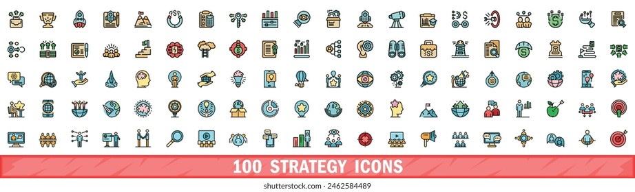 100 iconos de estrategia. Conjunto de línea de color de iconos de vector de estrategia línea delgada color plano en blanco