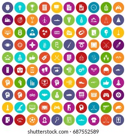 100 strategy icons set in different colors circle isolated vector illustration