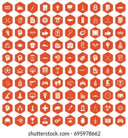 100 strategy icons set in orange hexagon isolated vector illustration