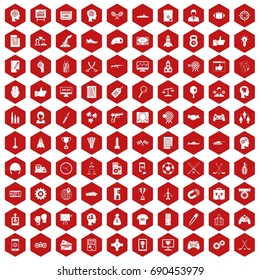 100 strategy icons set in red hexagon isolated vector illustration