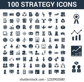 100 Strategy universal icons set with Collaboration, Growth, Analysis, Award, Customer, Presentation, Planning, Question, Connection, Calendar