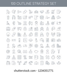 100 Strategy universal icons set with Contract linear, Search Deadline Document Plan Law Tools Collaboration Checklist Chat linear