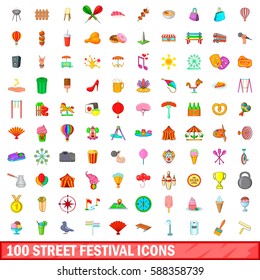 100 street festival icons set in cartoon style for any design vector illustration