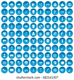 100 street festival icons set in blue circle isolated on white vector illustration