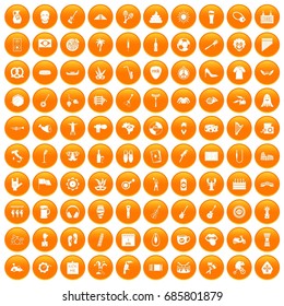 100 street festival icons set in orange circle isolated on white vector illustration