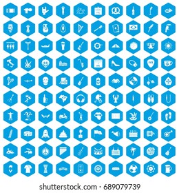 100 street festival icons set in blue hexagon isolated vector illustration