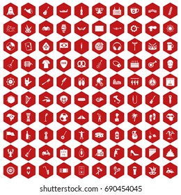 100 street festival icons set in red hexagon isolated vector illustration