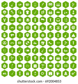 100 street festival icons set in green hexagon isolated vector illustration