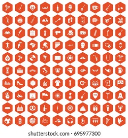 100 street festival icons set in orange hexagon isolated vector illustration