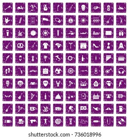 100 street festival icons set in grunge style purple color isolated on white background vector illustration