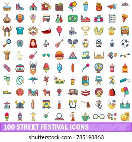 100 street festival icons set. Cartoon illustration of 100 street festival vector icons isolated on white background