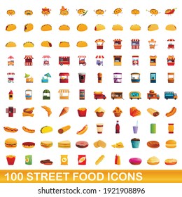 100 street food icons, set. Cartoon illustrations of 100 street food icons vector set isolated on white background