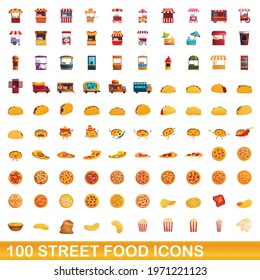100 street food icons set. Cartoon illustration of 100 street food icons vector set isolated on white background